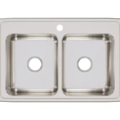 Elkay Lustertone Classic 33" Stainless Steel Kitchen Sink, 50/50 Double Bowl, 18 Gauge, Lustrous Satin, 1 Faucet Hole, LR33221