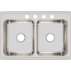 Elkay Lustertone Classic 33" Stainless Steel Kitchen Sink, 50/50 Double Bowl, 18 Gauge, Lustrous Satin, 4 Faucet Hole, LR33214
