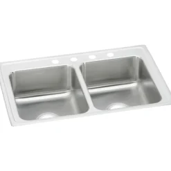 Elkay Lustertone Classic 33" Stainless Steel Kitchen Sink, 50/50 Double Bowl, 18 Gauge, Lustrous Satin, 4 Faucet Hole, LR33214