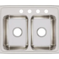Elkay Lustertone Classic 25" Stainless Steel Kitchen Sink, 50/50 Double Bowl, 18 Gauge, Lustrous Satin, 4 Faucet Hole, LR25194