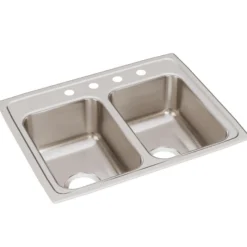 Elkay Lustertone Classic 25" Stainless Steel Kitchen Sink, 50/50 Double Bowl, 18 Gauge, Lustrous Satin, 4 Faucet Hole, LR25194