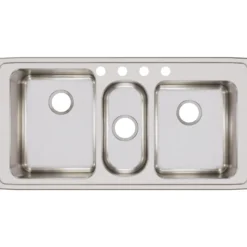 Elkay Lustertone Classic 43" Stainless Steel Kitchen Sink, 40/20/40 Triple Bowl, 18 Gauge, Lustrous Satin, 4 Faucet Hole, LGR43224