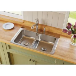 Elkay Lustertone Classic 33" Stainless Steel Kitchen Sink, 50/50 Double Bowl, 18 Gauge, Lustrous Satin, 3 Faucet Hole, LR33223