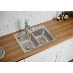 Elkay Lustertone Classic 25" Stainless Steel Kitchen Sink, 50/50 Double Bowl, 18 Gauge, Lustrous Satin, 2 Faucet Hole, LR25192