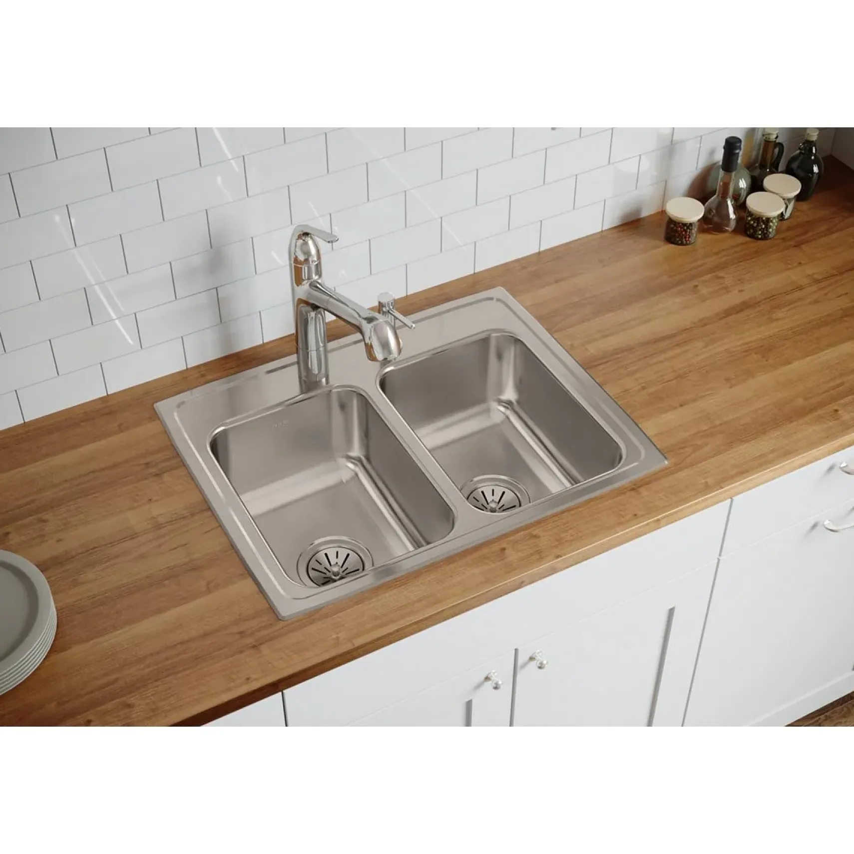 Elkay Lustertone Classic 25" Stainless Steel Kitchen Sink, 50/50 Double Bowl, 18 Gauge, Lustrous Satin, 2 Faucet Hole, LR25192