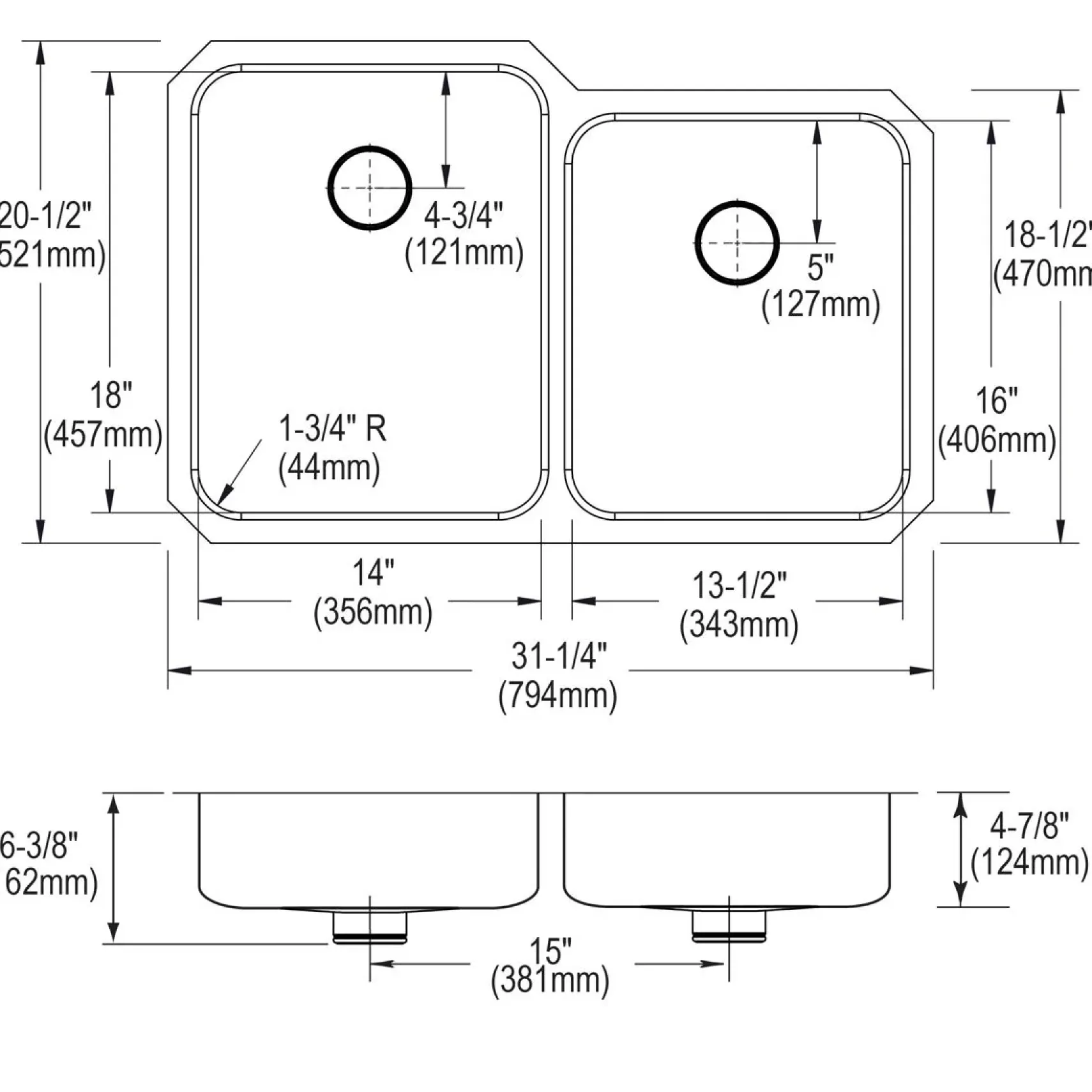 Elkay Lustertone Classic 31" Undermount Stainless Steel ADA Kitchen Sink, 60/40 Double Bowl, Lustrous Satin, 18 Gauge, ELUHAD312050RPD