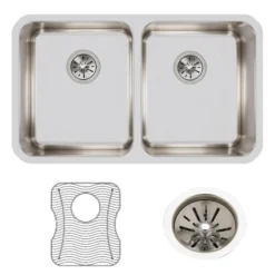 Elkay Lustertone Classic 31" Undermount Stainless Steel Kitchen Sink Kit, 50/50 Double Bowl, Lustrous Satin, 18 Gauge, ELUH311810LDBG