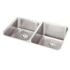 Elkay Lustertone Classic 31" Undermount Stainless Steel Kitchen Sink Kit, 40/60 Double Bowl, Lustrous Satin, 18 Gauge, ELUH3120LPDBG