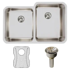 Elkay Lustertone Classic 31" Undermount Stainless Steel Kitchen Sink Kit, 40/60 Double Bowl, Lustrous Satin, 18 Gauge, ELUH3120LPDBG
