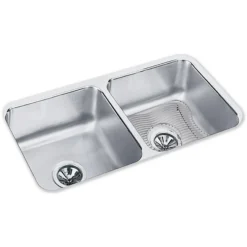 Elkay Lustertone Classic 32" Undermount Stainless Steel Kitchen Sink Kit, 50/50 Double Bowl, Lustrous Satin, 18 Gauge, ELUH3116DBG
