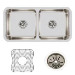 Elkay Lustertone Classic 32" Undermount Stainless Steel Kitchen Sink Kit, 50/50 Double Bowl, Lustrous Satin, 18 Gauge, ELUH3116DBG