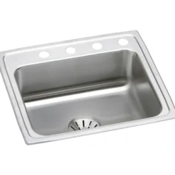 Elkay Lustertone 22" Stainless Steel Kitchen Sink, 18 Gauge, Lustrous Satin, 4 Faucet Hole, DLR221910PD4