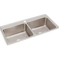 Elkay Lustertone 43" Stainless Steel Kitchen Sink, 50/50 Double Bowl, 18 Gauge, Lustrous Satin, 1 Faucet Hole, DLR4322101
