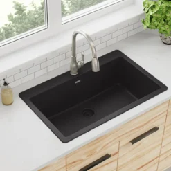 Elkay Quartz Classic 33" Drop In/Topmount Quartz Kitchen Sink, Black, 5 Pre-scored Faucet Holes, ELGR13322BK0