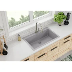 Elkay Quartz Classic 33" Drop In/Topmount Quartz Kitchen Sink, Greystone, 5 Pre-scored Faucet Holes, ELGR13322GS0