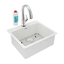 Elkay Quartz Classic 25" Drop In/Topmount Quartz Kitchen Sink Kit with Faucet, Single Bowl White, 5 Pre-scored Faucet Holes, ELG2522WH0FLC