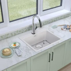Elkay Quartz Classic 25" Drop In/Topmount Quartz Kitchen Sink Kit with Faucet, Single Bowl White, 5 Pre-scored Faucet Holes, ELG2522WH0FLC