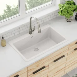 Elkay Quartz Classic 33" Drop In/Topmount Quartz Kitchen Sink, White, 5 Pre-scored Faucet Holes, ELGR13322WH0