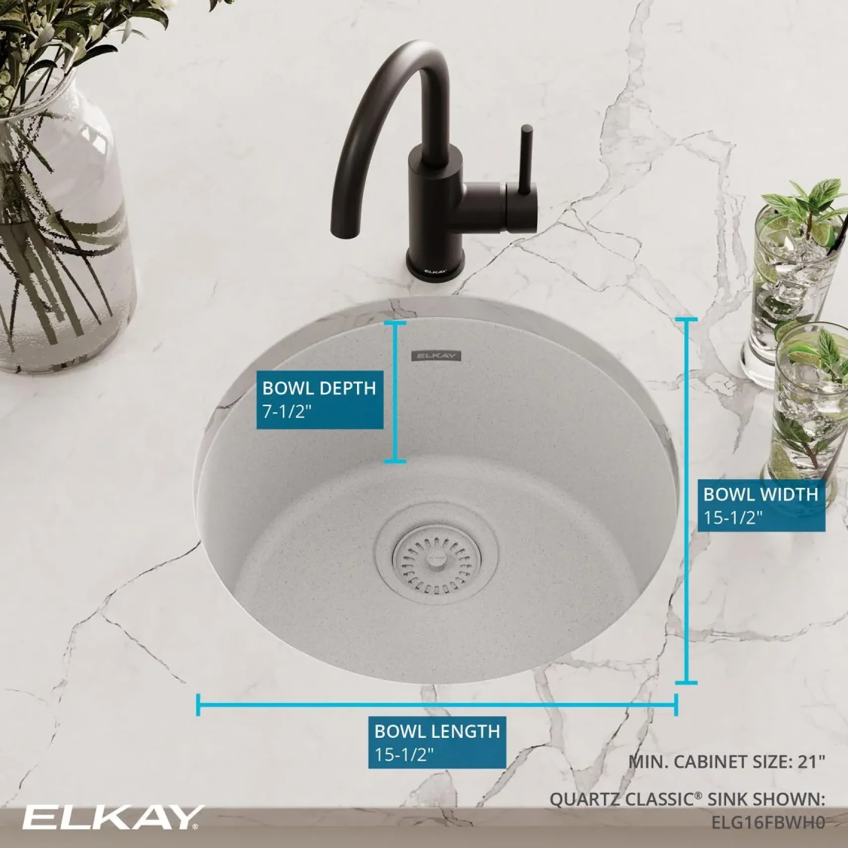 Elkay Quartz Classic 18" Dual Mount Quartz Kitchen Sink, Single Bowl, White, ELG16FBWH0