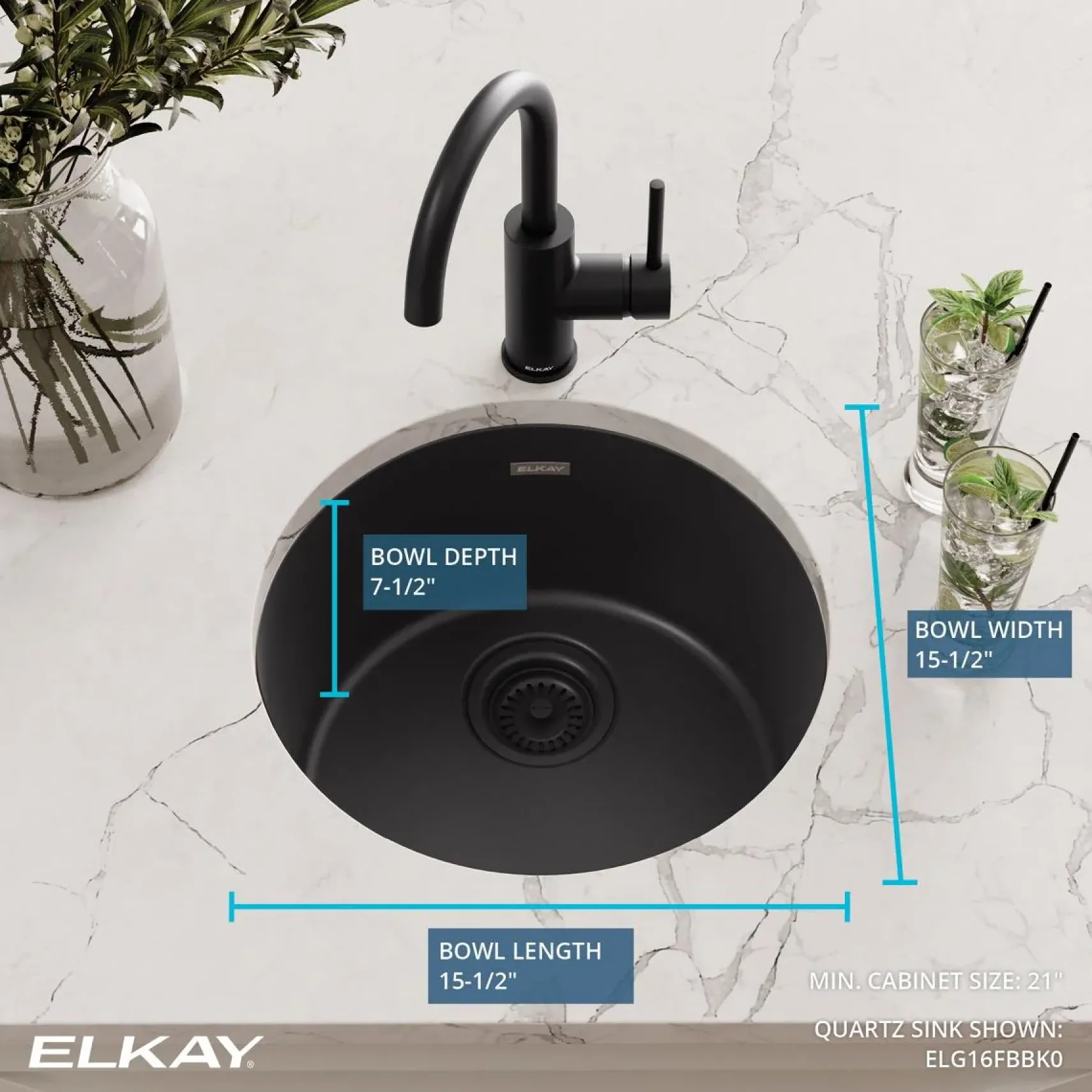 Elkay Quartz Classic 18" Dual Mount Quartz Kitchen Sink, Single Bowl, Black, ELG16FBBK0