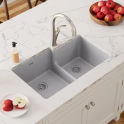 Elkay Quartz Classic 33" Undermount Quartz Kitchen Sink, 60/40 Double Bowl, Greystone, ELGULBO3322GS0