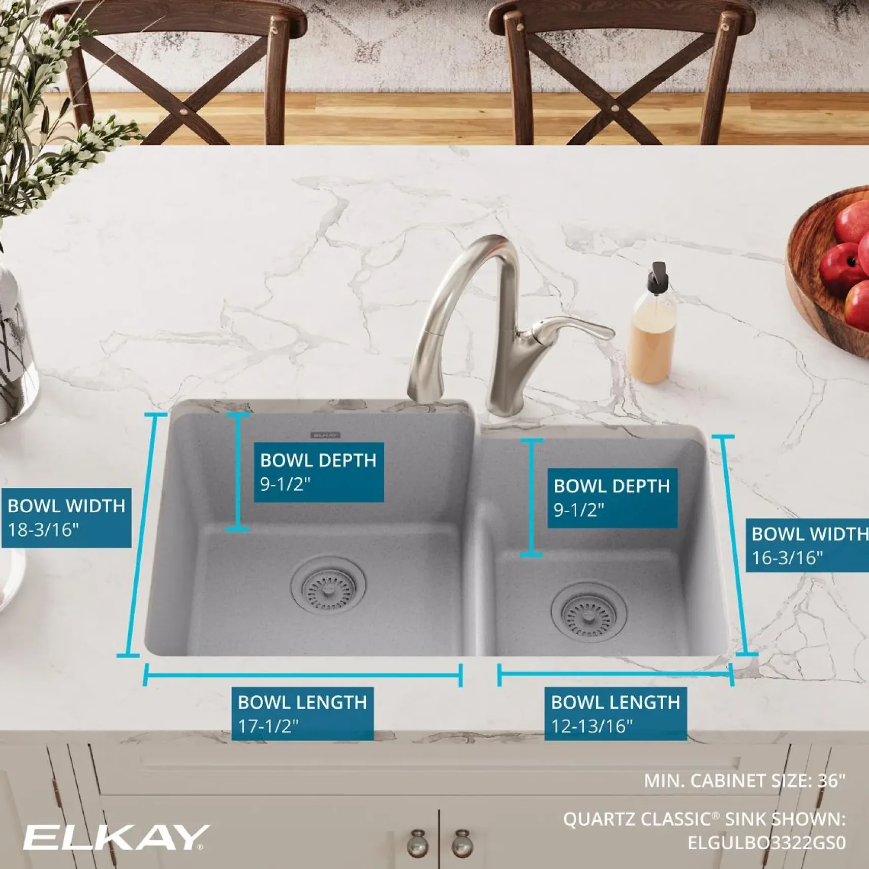 Elkay Quartz Classic 33" Undermount Quartz Kitchen Sink, 60/40 Double Bowl, Greystone, ELGULBO3322GS0