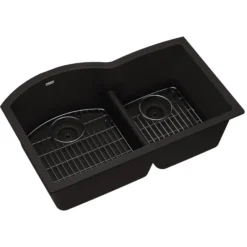 Elkay Quartz Classic 33" Undermount Quartz Kitchen Sink Kit, 60/40 Double Bowl, Black, ELGHU3322RBK0C