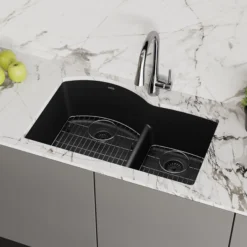 Elkay Quartz Classic 33" Undermount Quartz Kitchen Sink Kit, 60/40 Double Bowl, Black, ELGHU3322RBK0C