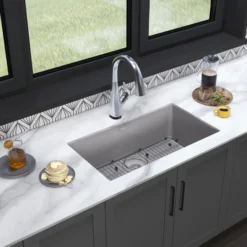 Elkay Quartz Classic 33" Undermount Quartz Kitchen Sink Kit with Faucet, Single Bowl Greystone, ELGRU13322GSFLC