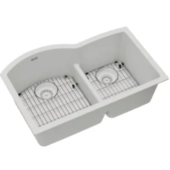 Elkay Quartz Classic 33" Undermount Quartz Kitchen Sink Kit, 60/40 Double Bowl, White, ELGHU3322RWH0C