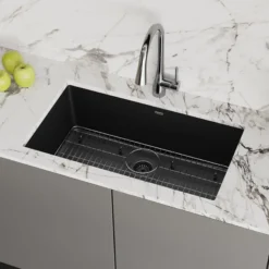 Elkay Quartz Classic 33" Undermount Quartz Kitchen Sink Kit, Black, ELGRU13322BK0C