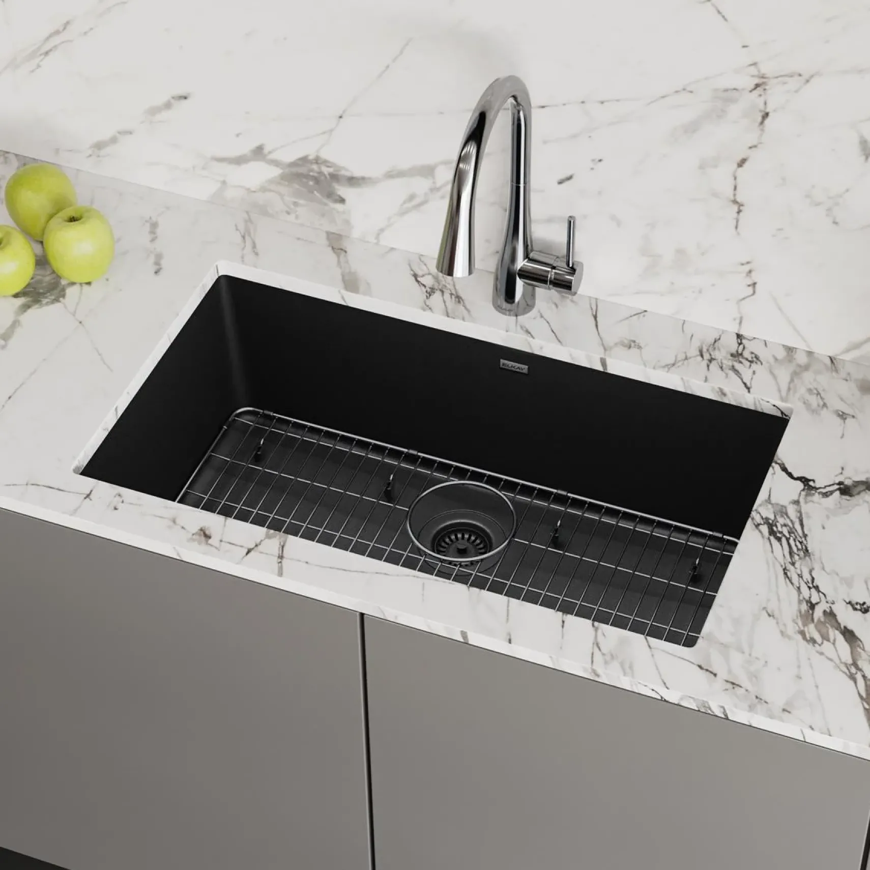 Elkay Quartz Classic 33" Undermount Quartz Kitchen Sink Kit, Black, ELGRU13322BK0C