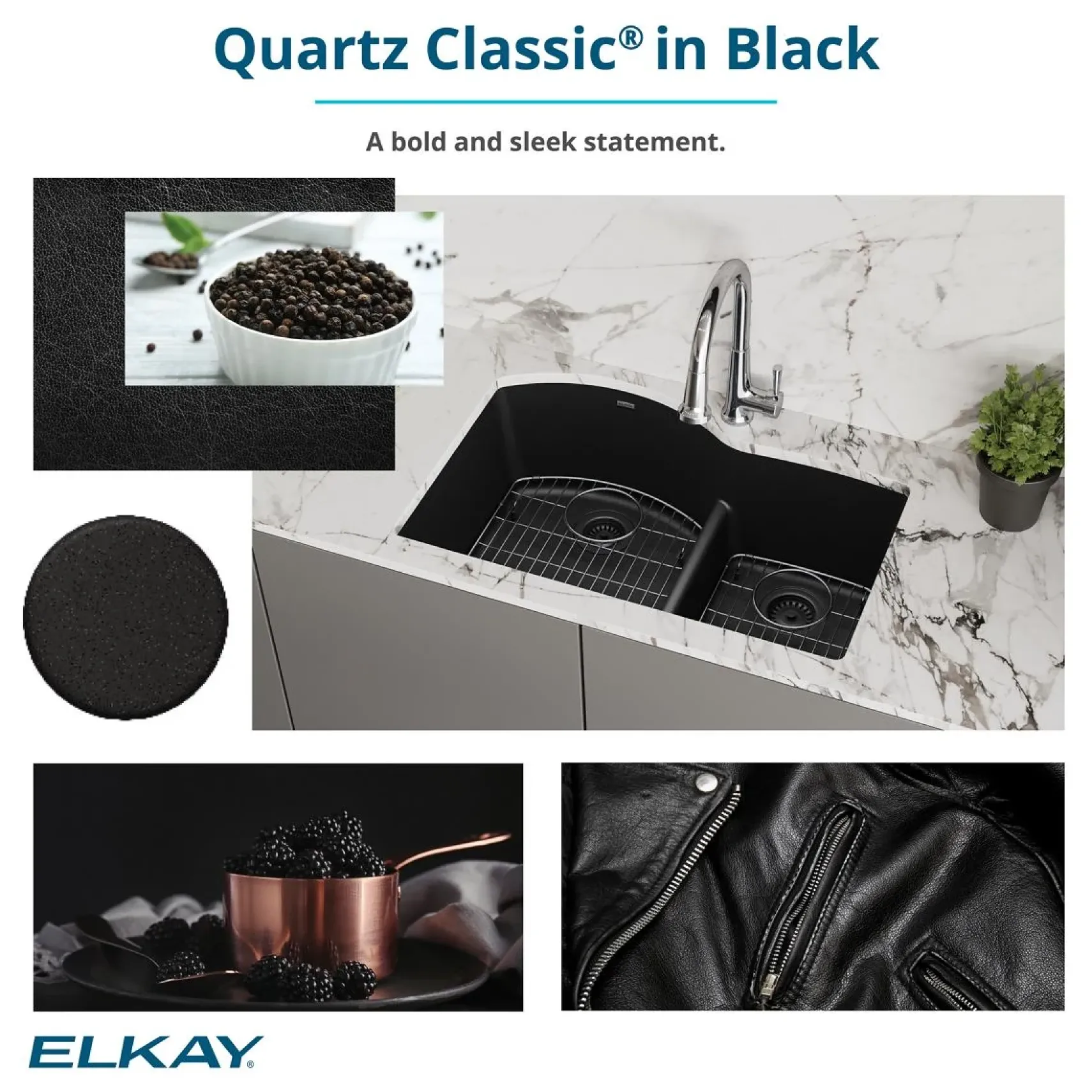Elkay Quartz Classic 33" Undermount Quartz Kitchen Sink Kit, Black, ELGRU13322BK0C