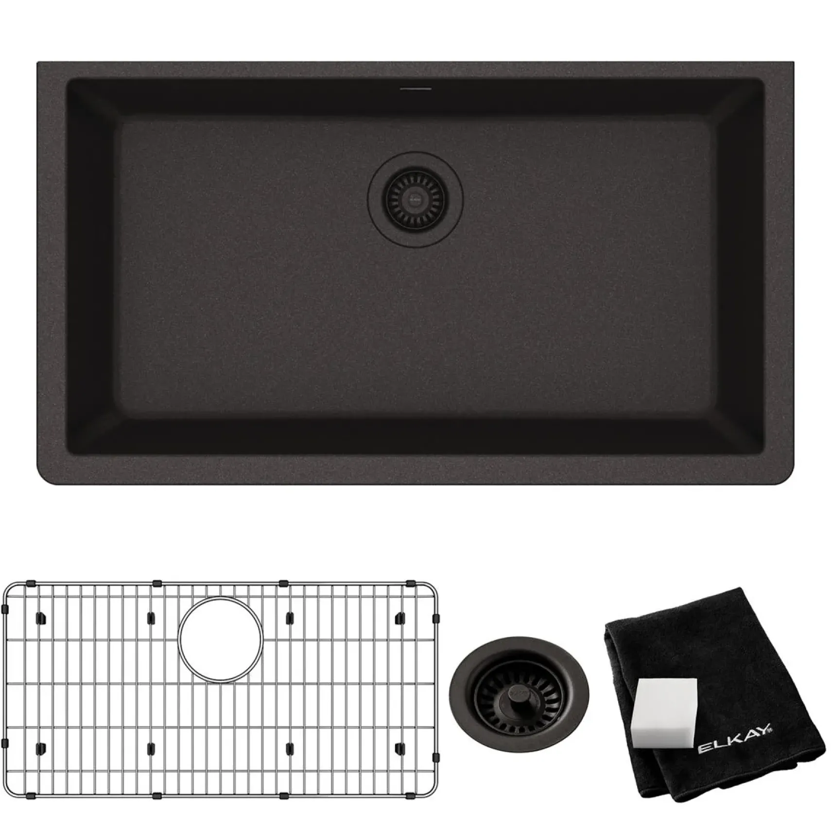 Elkay Quartz Classic 33" Undermount Quartz Kitchen Sink Kit, Black, ELGRU13322BK0C
