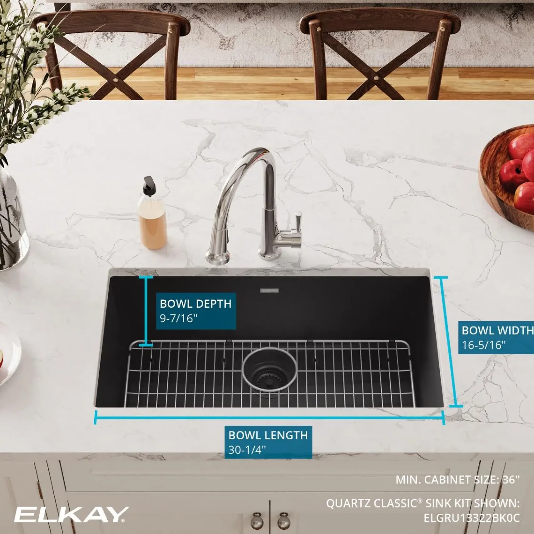 Elkay Quartz Classic 33" Undermount Quartz Kitchen Sink Kit, Black, ELGRU13322BK0C