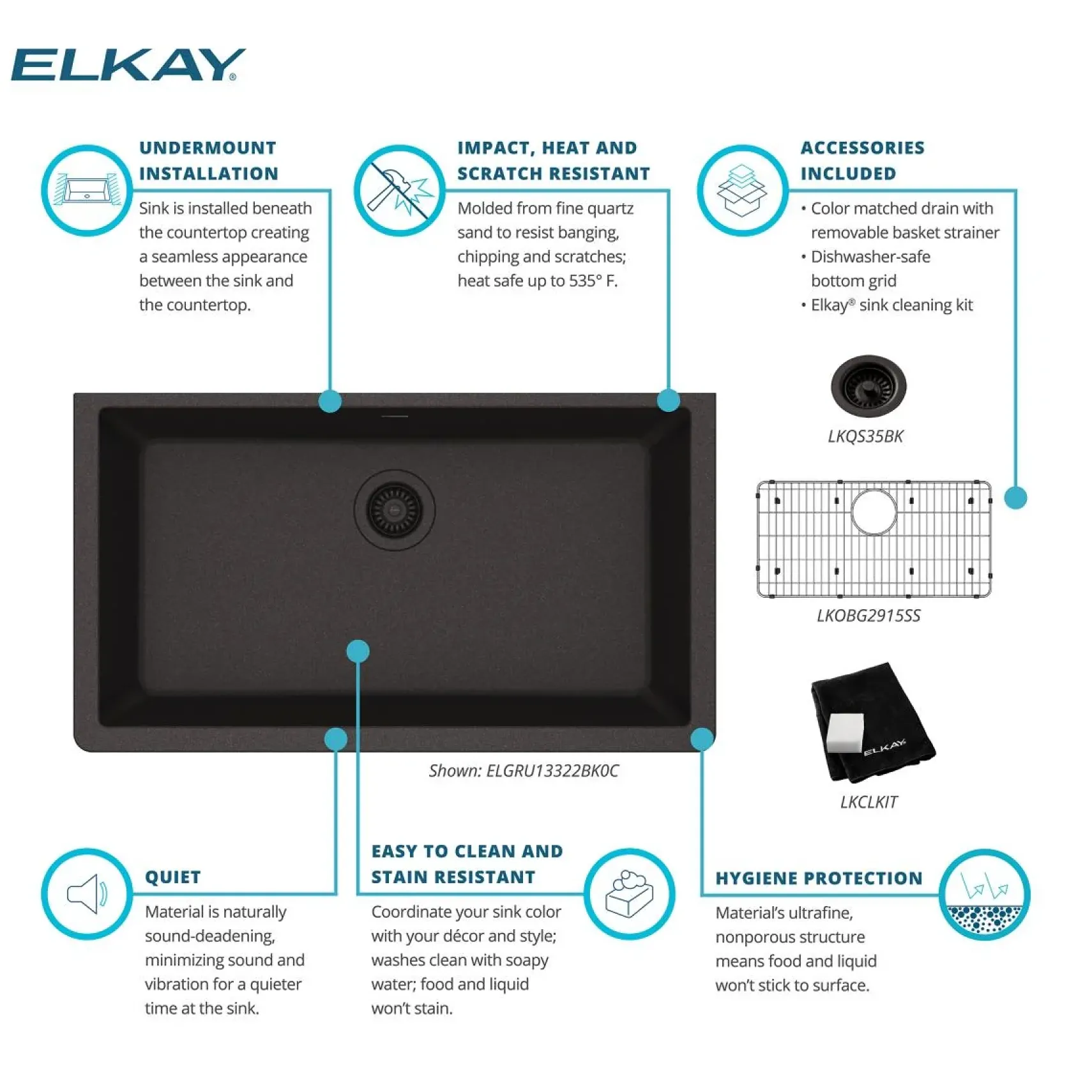 Elkay Quartz Classic 33" Undermount Quartz Kitchen Sink Kit, Black, ELGRU13322BK0C