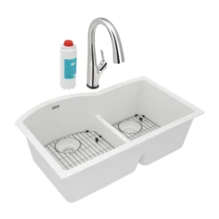 Elkay Quartz Classic 33" Undermount Quartz Kitchen Sink Kit with Faucet, 60/40 Double Bowl, White, ELGHU3322RWHFLC