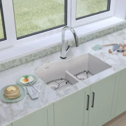 Elkay Quartz Classic 33" Undermount Quartz Kitchen Sink Kit with Faucet, 60/40 Double Bowl, White, ELGHU3322RWHFLC