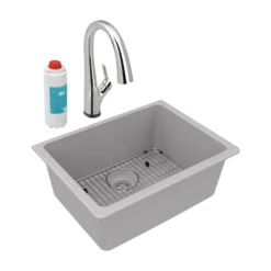 Elkay Quartz Classic 25" Undermount Quartz Kitchen Sink Kit with Faucet, Single Bowl Greystone, ELGU2522GS0FLC