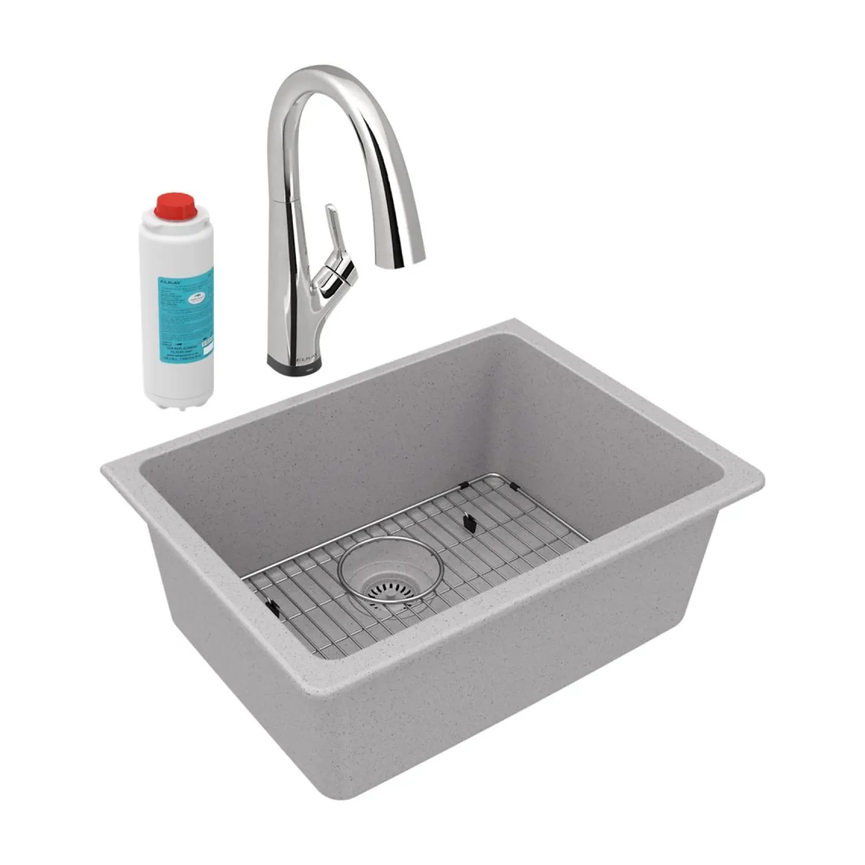 Elkay Quartz Classic 25" Undermount Quartz Kitchen Sink Kit with Faucet, Single Bowl Greystone, ELGU2522GS0FLC