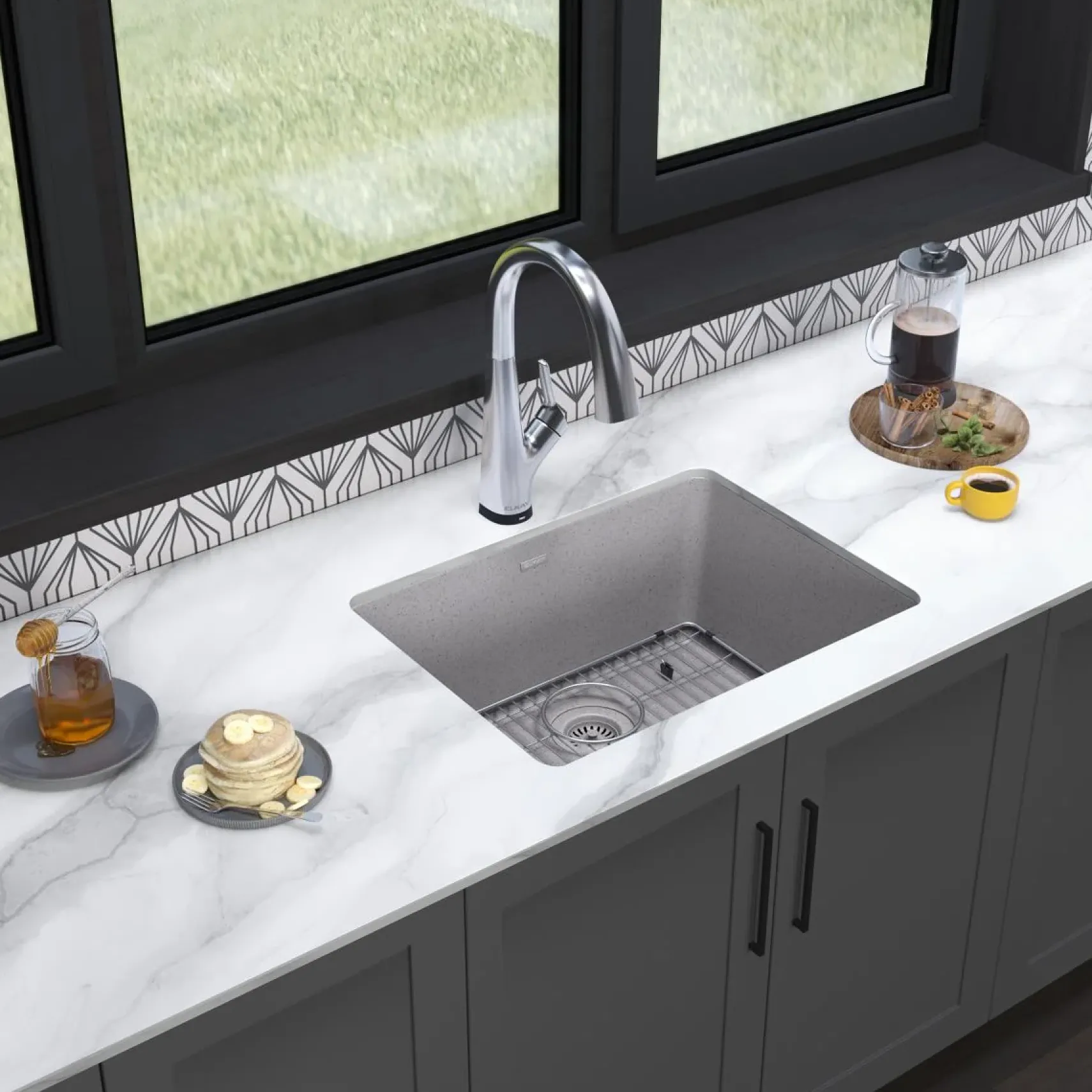Elkay Quartz Classic 25" Undermount Quartz Kitchen Sink Kit with Faucet, Single Bowl Greystone, ELGU2522GS0FLC