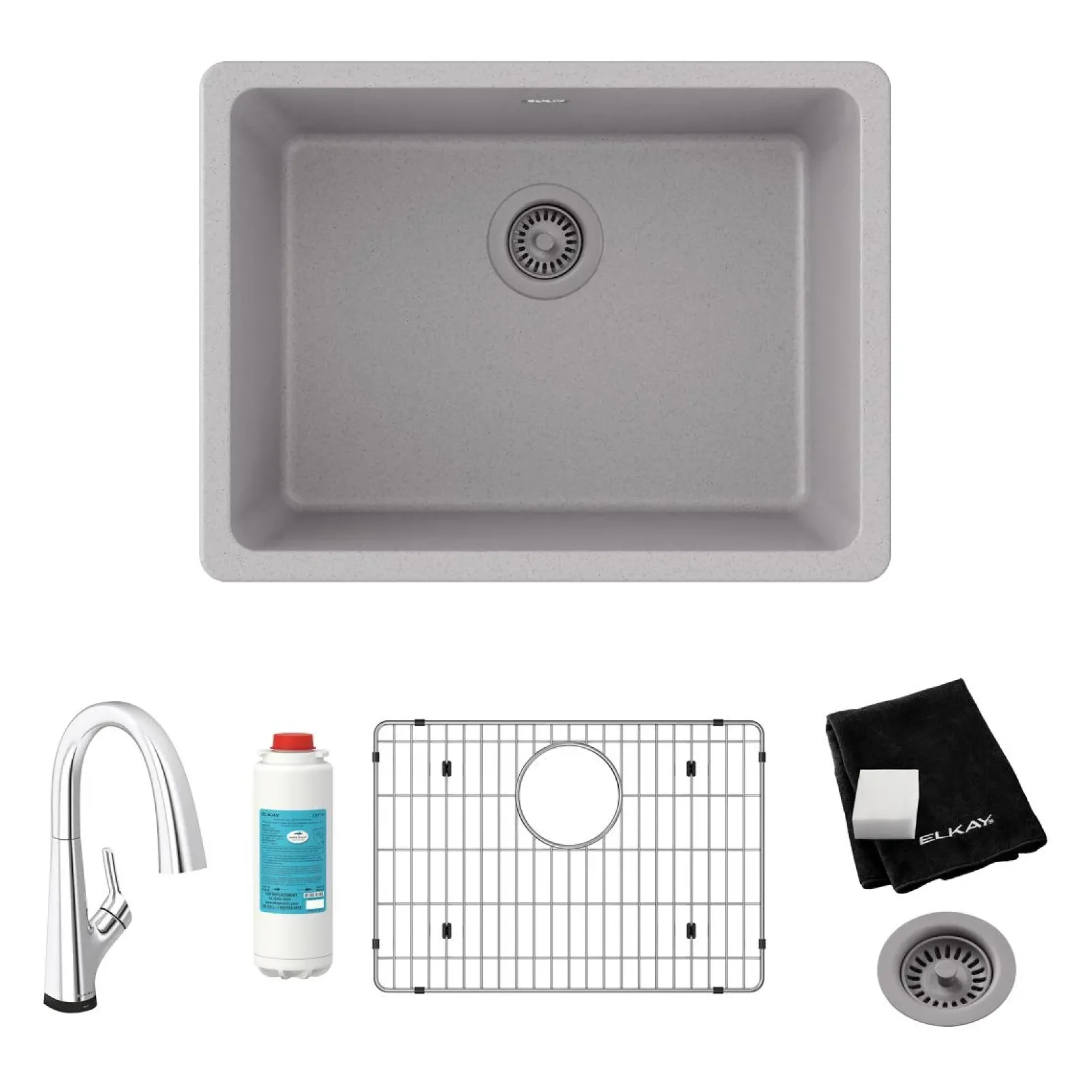 Elkay Quartz Classic 25" Undermount Quartz Kitchen Sink Kit with Faucet, Single Bowl Greystone, ELGU2522GS0FLC