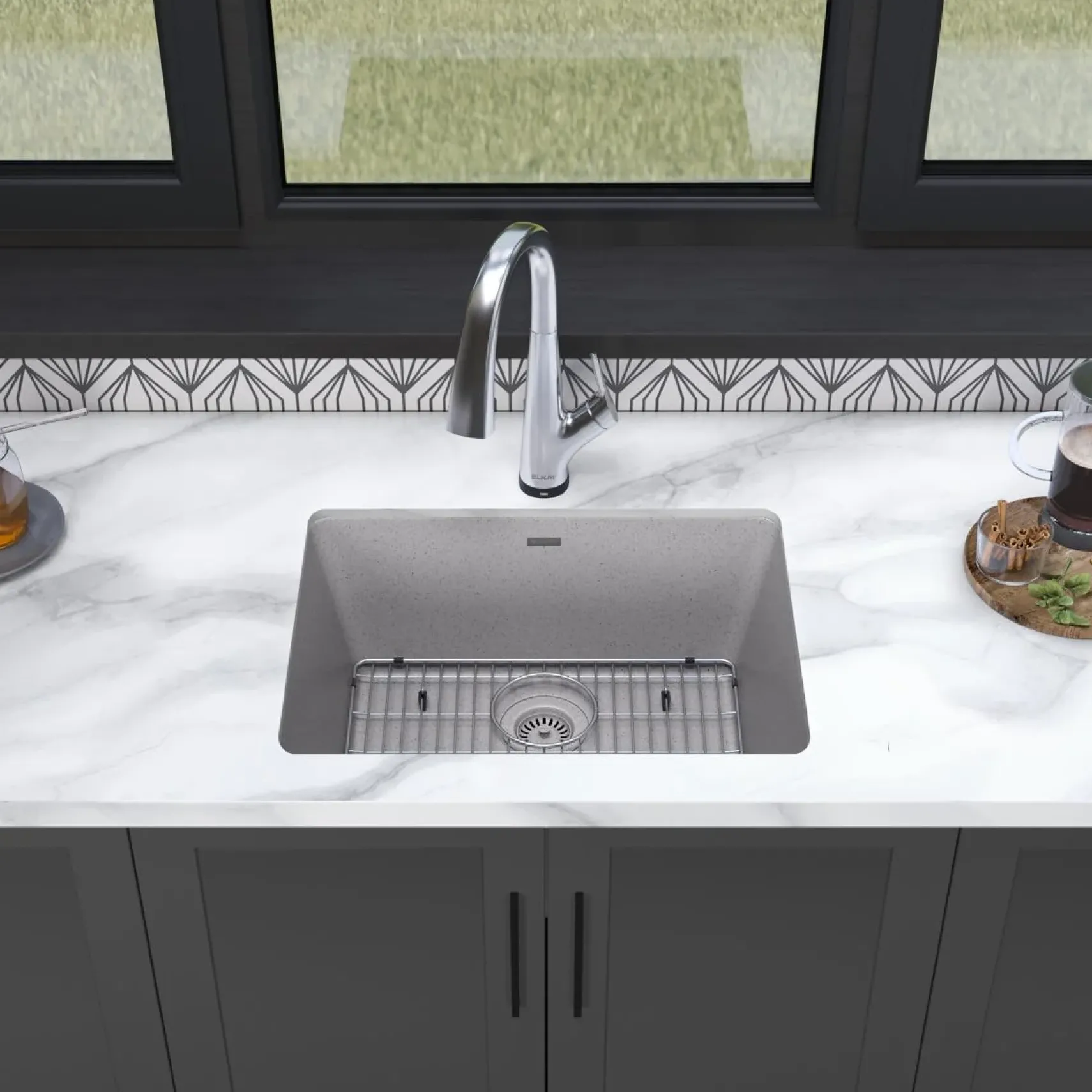 Elkay Quartz Classic 25" Undermount Quartz Kitchen Sink Kit with Faucet, Single Bowl Greystone, ELGU2522GS0FLC