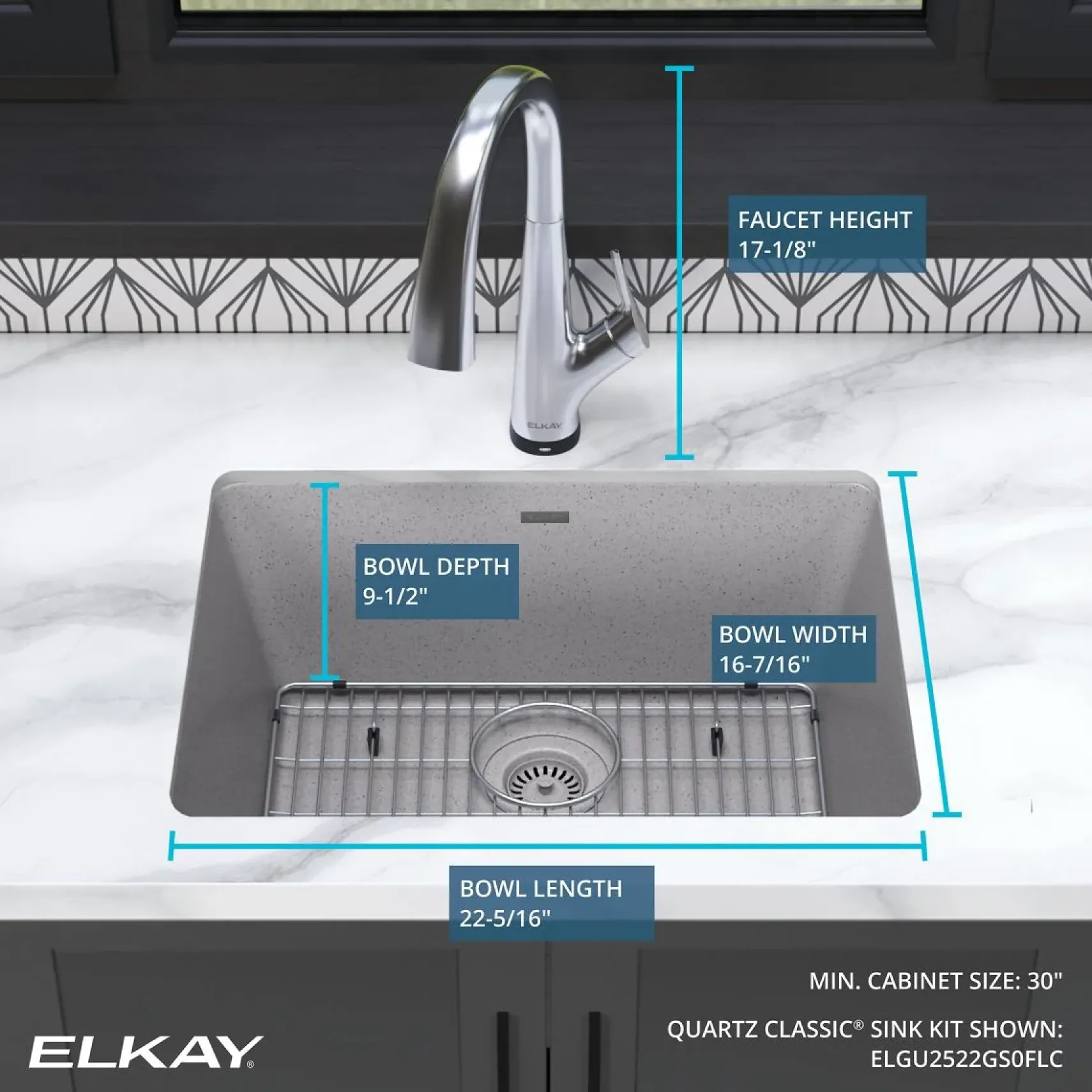 Elkay Quartz Classic 25" Undermount Quartz Kitchen Sink Kit with Faucet, Single Bowl Greystone, ELGU2522GS0FLC