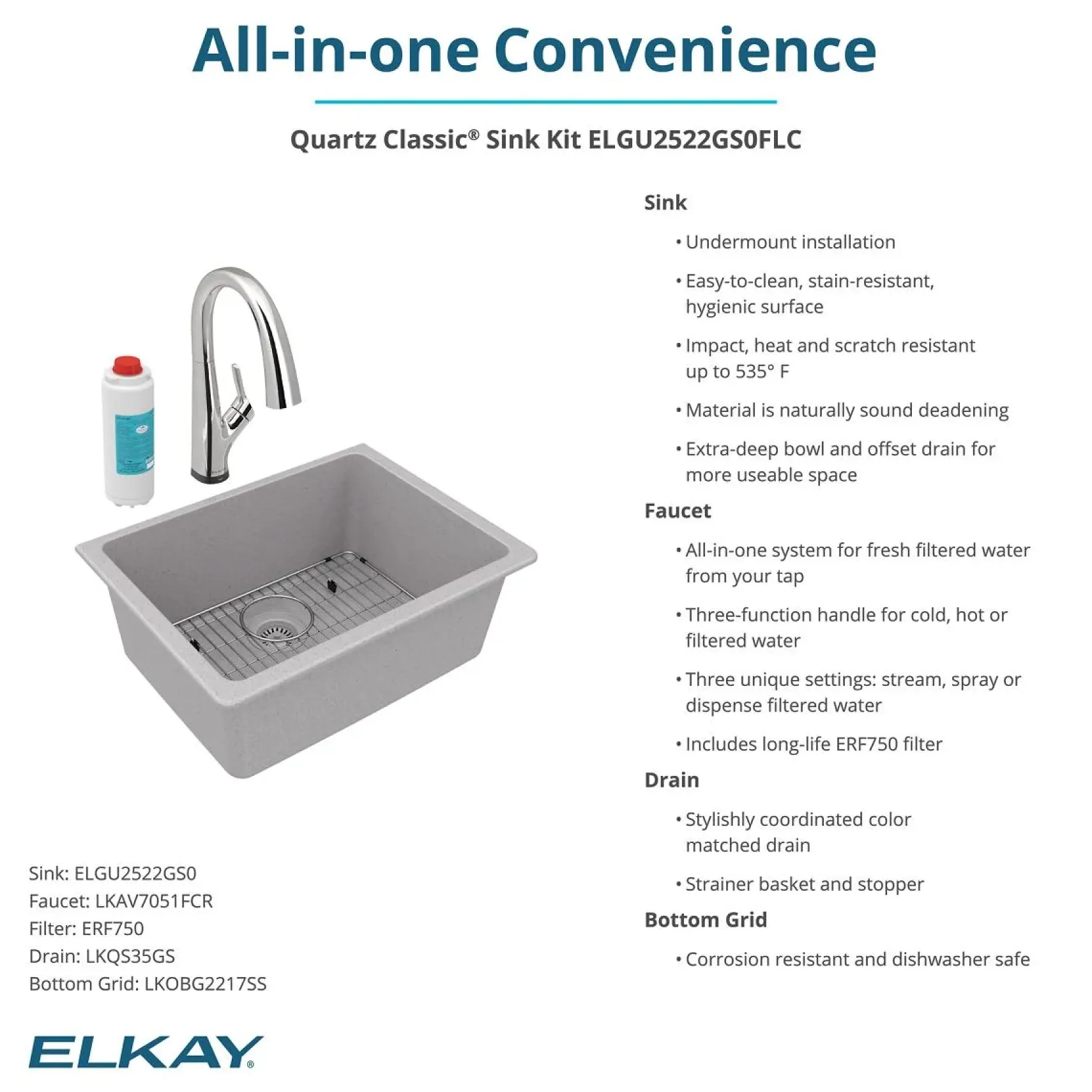Elkay Quartz Classic 25" Undermount Quartz Kitchen Sink Kit with Faucet, Single Bowl Greystone, ELGU2522GS0FLC