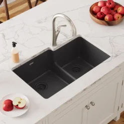 Elkay Quartz Classic 33" Undermount Quartz Kitchen Sink, 60/40 Double Bowl, Black, ELGULBO3322BK0