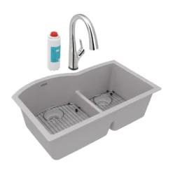 Elkay Quartz Classic 33" Undermount Quartz Kitchen Sink Kit with Faucet, 60/40 Double Bowl, Greystone, ELGHU3322RGSFLC