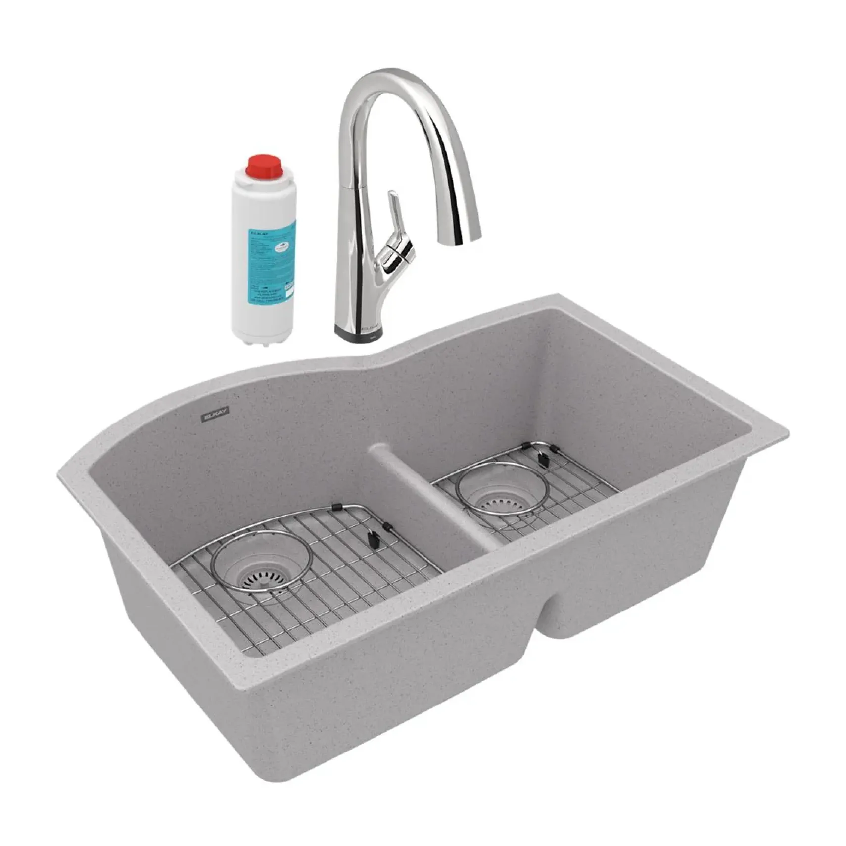 Elkay Quartz Classic 33" Undermount Quartz Kitchen Sink Kit with Faucet, 60/40 Double Bowl, Greystone, ELGHU3322RGSFLC