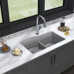 Elkay Quartz Classic 33" Undermount Quartz Kitchen Sink Kit with Faucet, 60/40 Double Bowl, Greystone, ELGHU3322RGSFLC