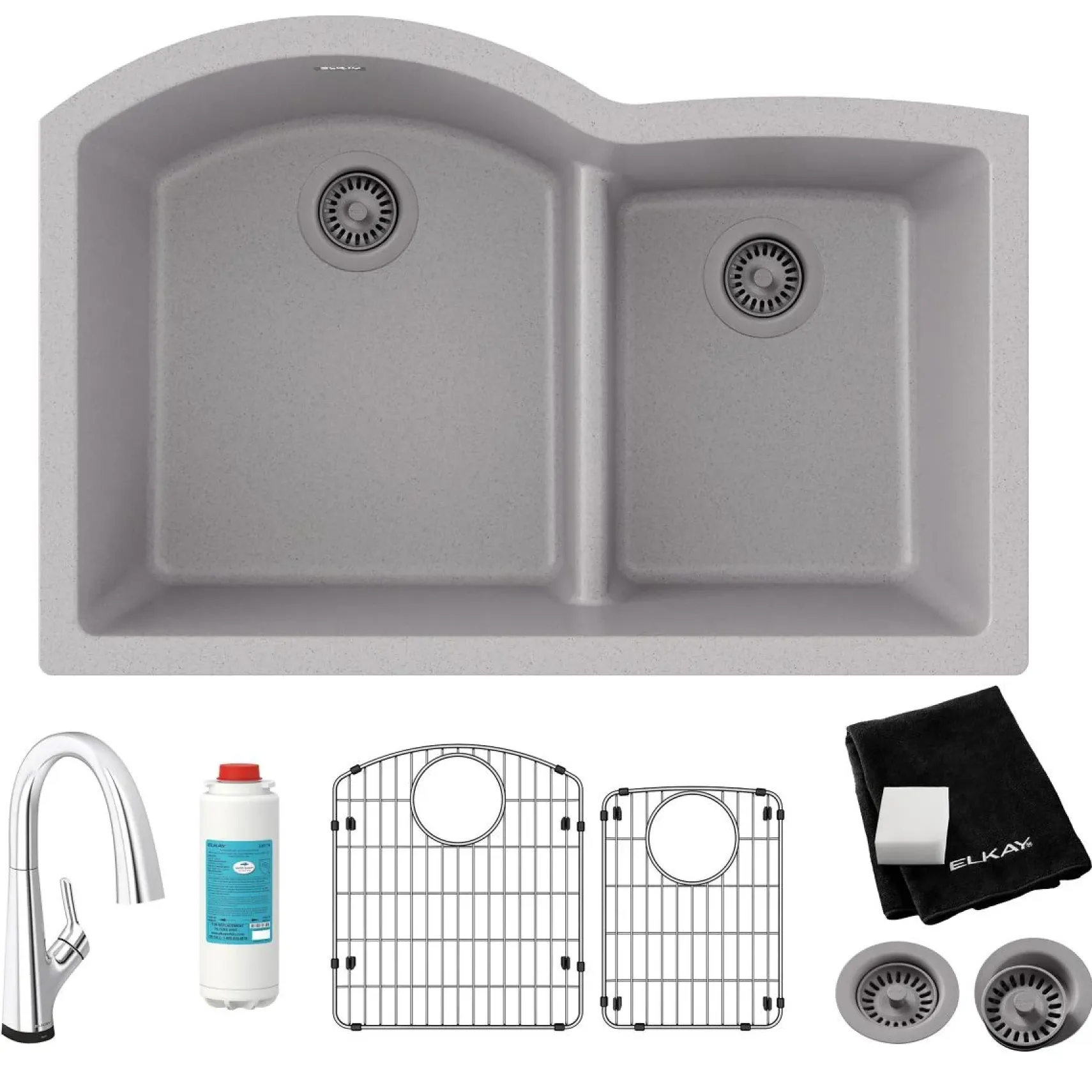 Elkay Quartz Classic 33" Undermount Quartz Kitchen Sink Kit with Faucet, 60/40 Double Bowl, Greystone, ELGHU3322RGSFLC